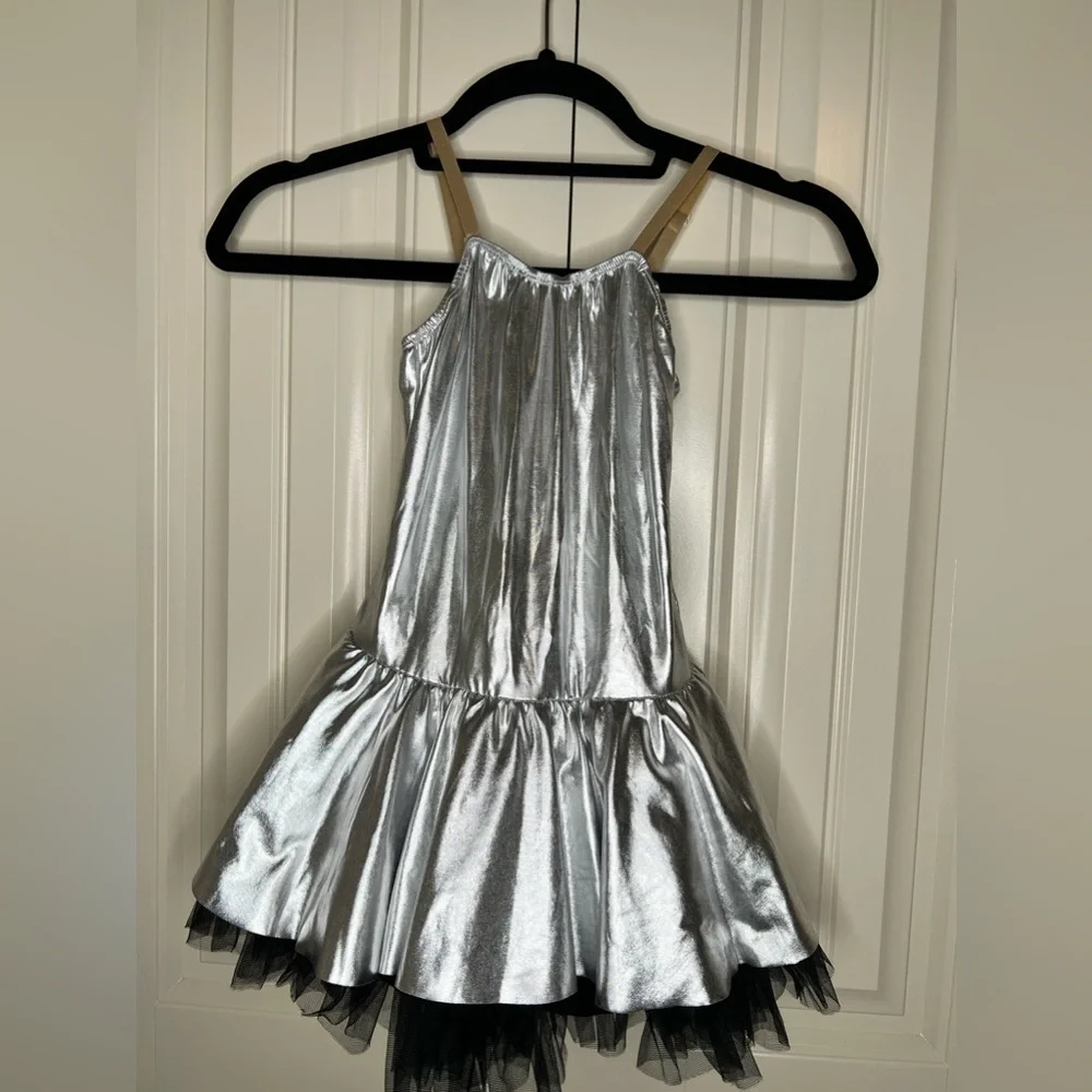 Weissman Silver Metallic Dance Costume MC Girls 10/12 Black Tutu Leotard